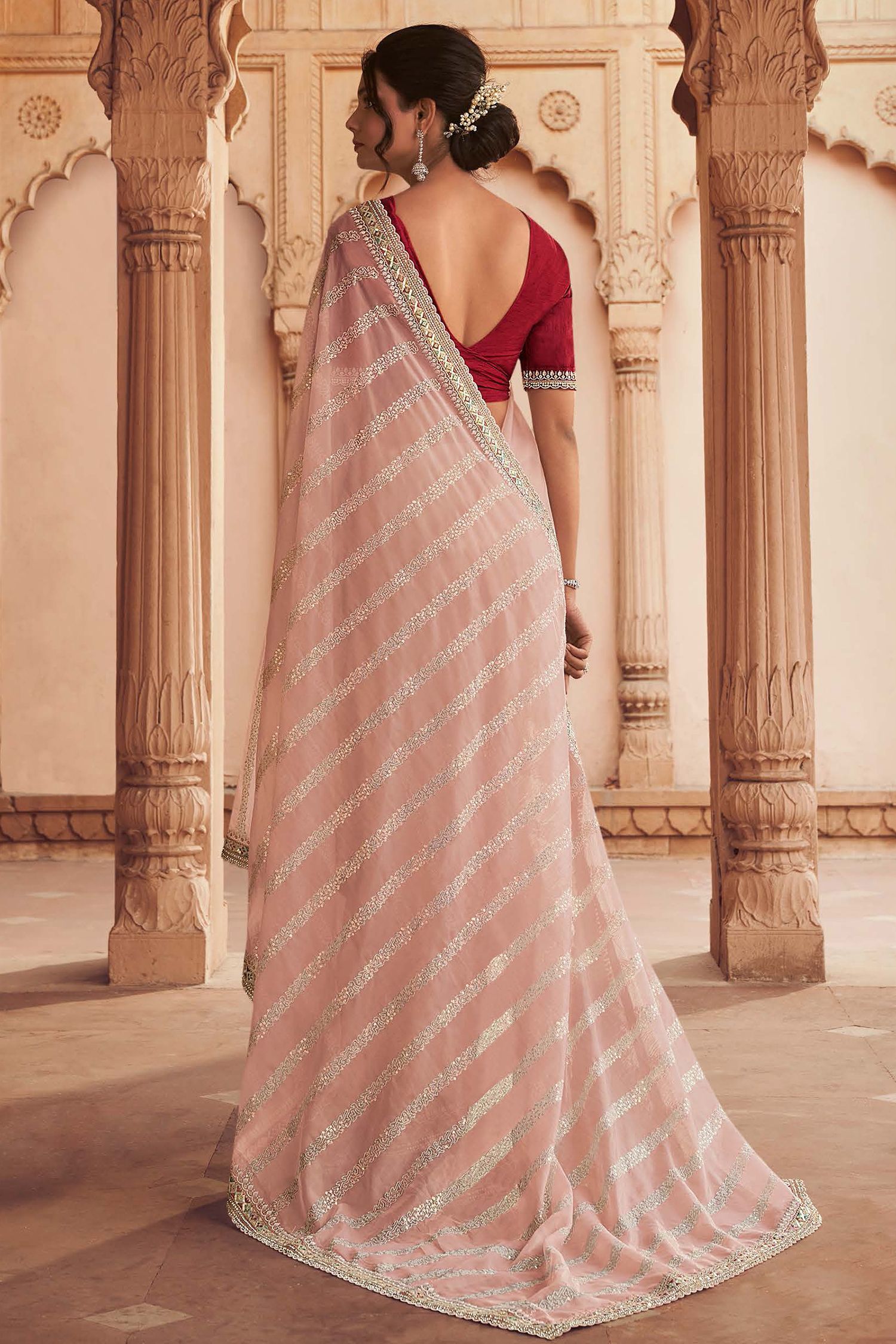 Old Rose Peach Organza Silk with Embroidered Designer Saree