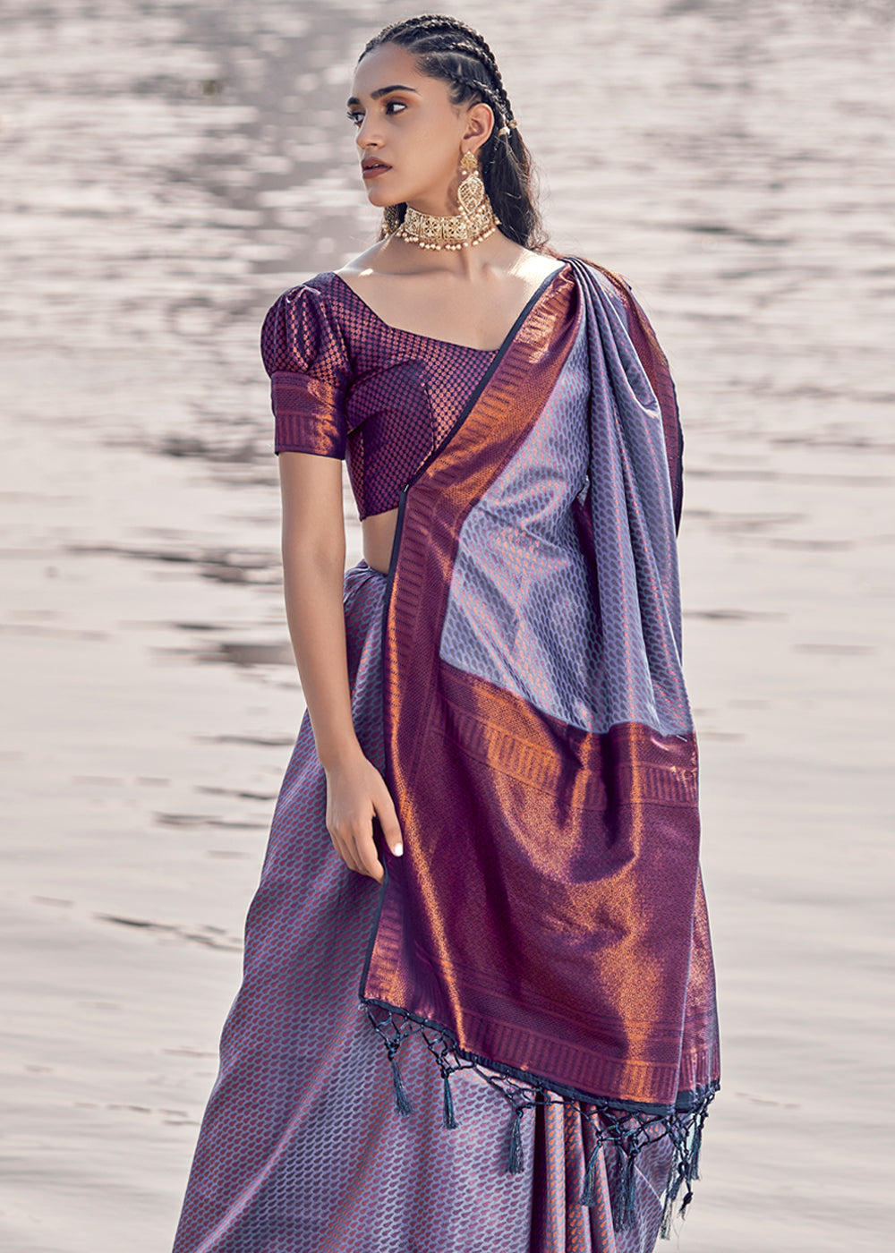 Amethyst Smoke Purple Woven Banarasi Soft Silk Saree