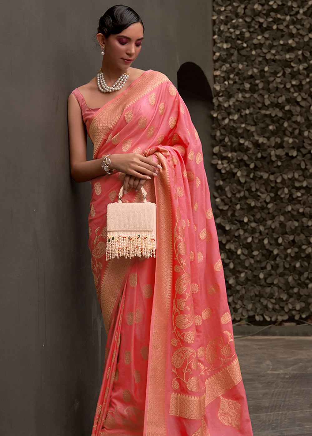 Apricot Peach Woven Banarasi Chiffon Saree