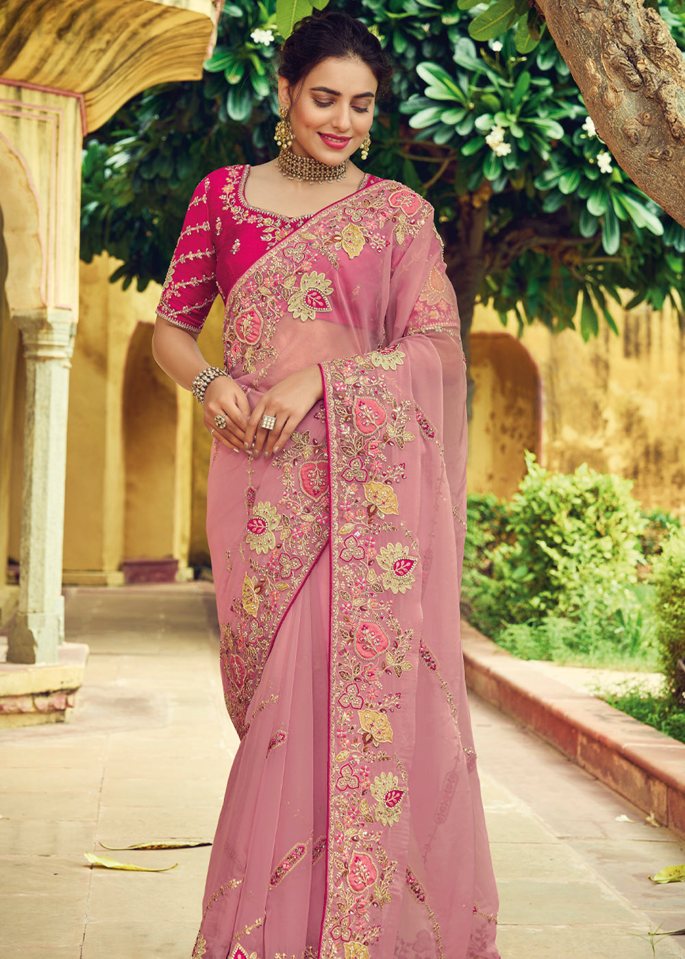 Tonys Pink Designer Embroidered Organza Silk Saree