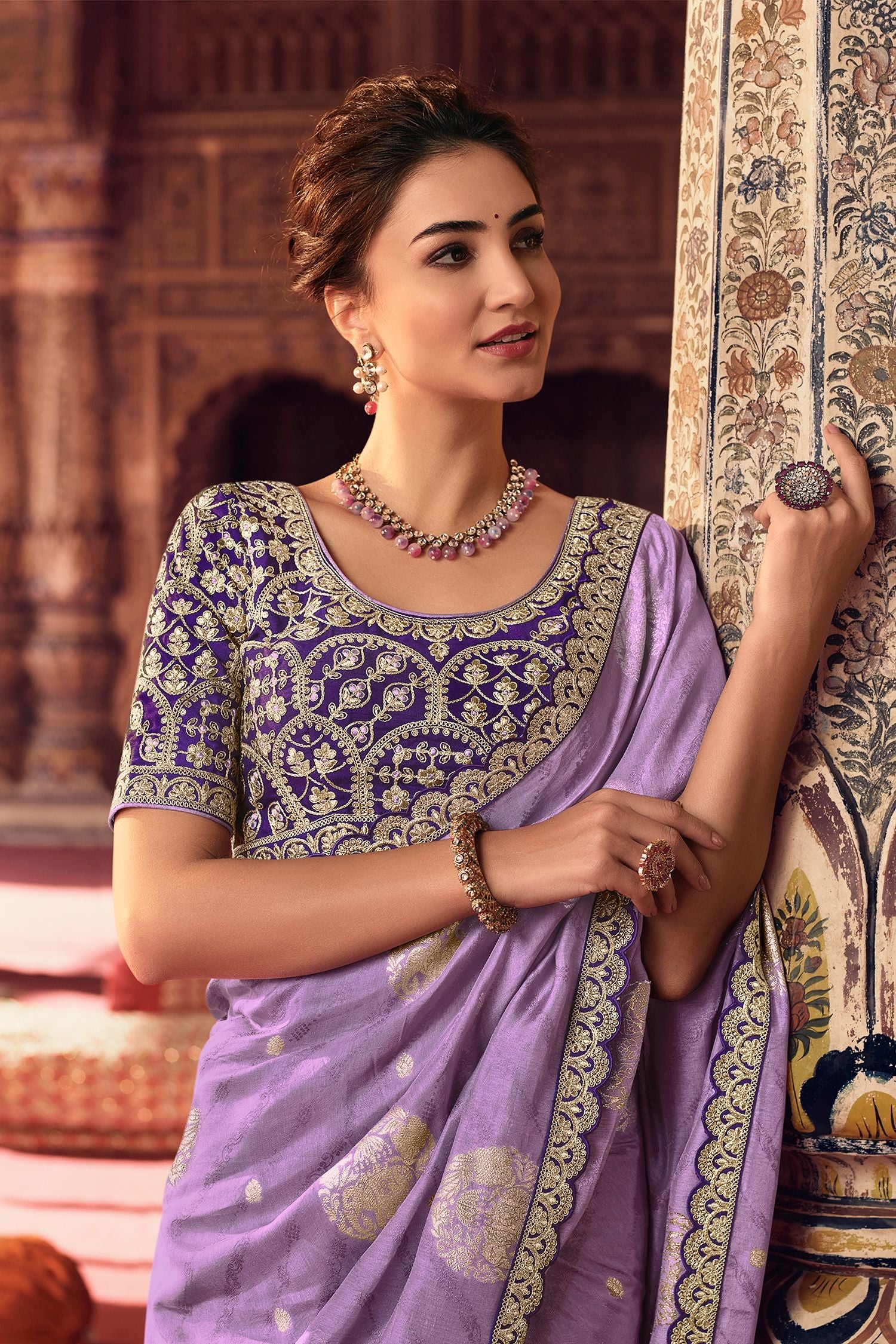 Mountbatten Purple Organza Woven Silk Saree with Peacock Motifs