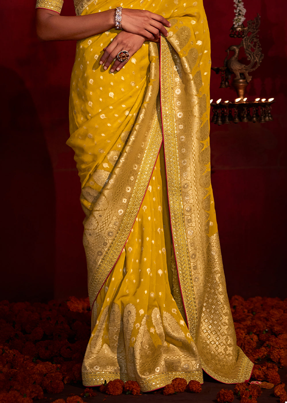 Buttercup Yellow Woven Banarasi Georgette Silk Saree