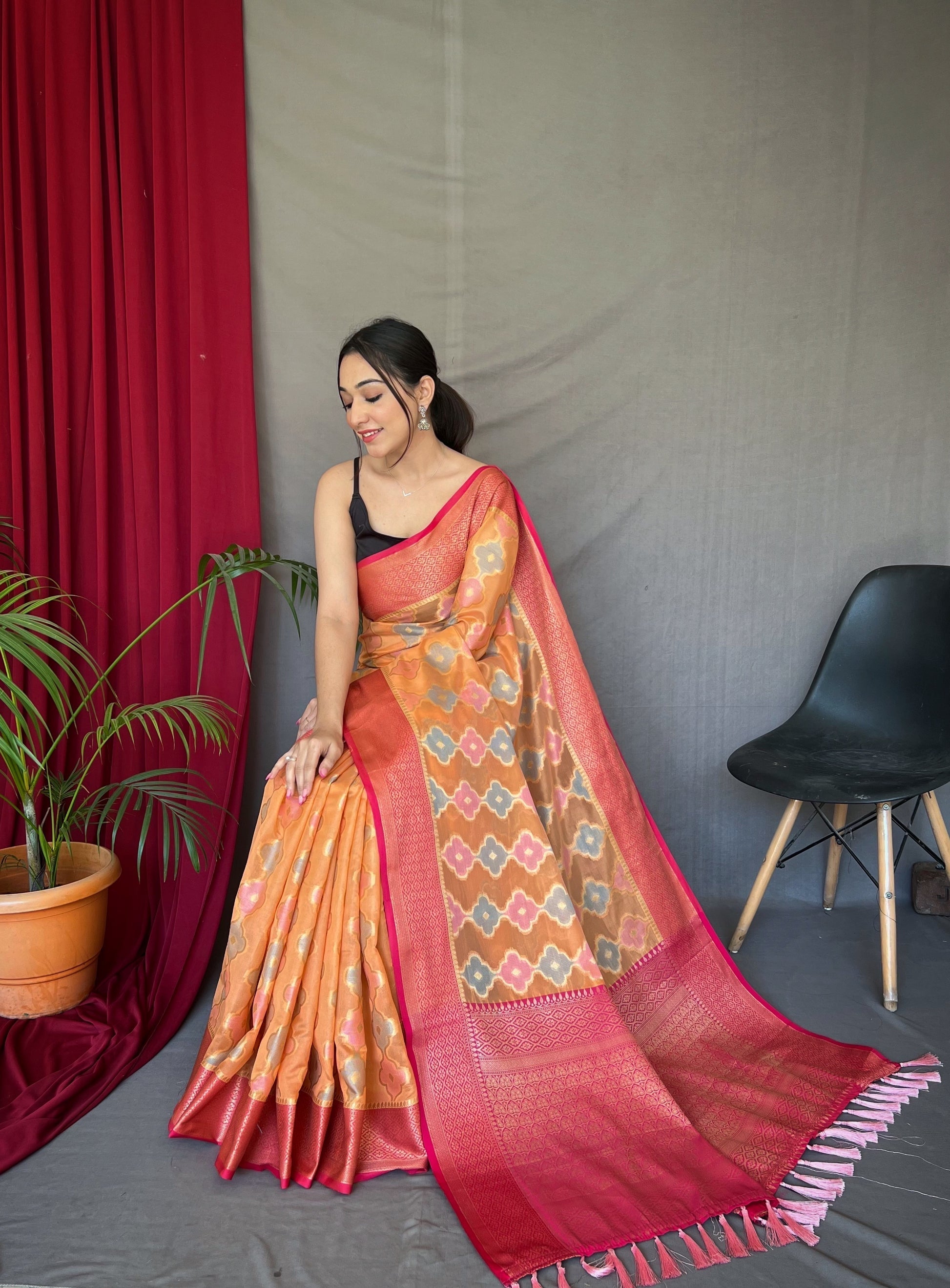 Macaroni Orange Woven Organza Silk Saree