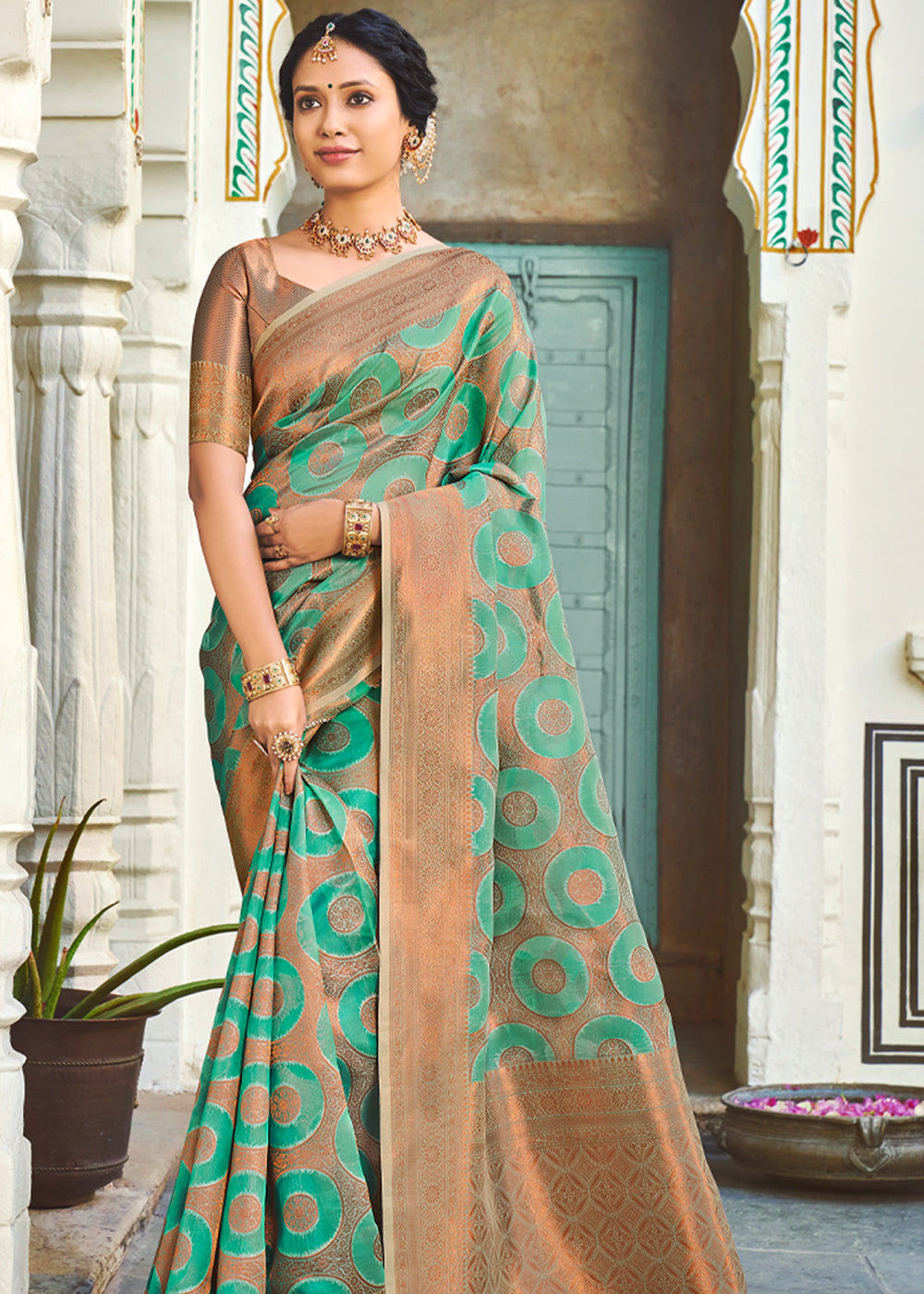 Mountain Meadow Green Woven Banarasi Organza Silk Saree