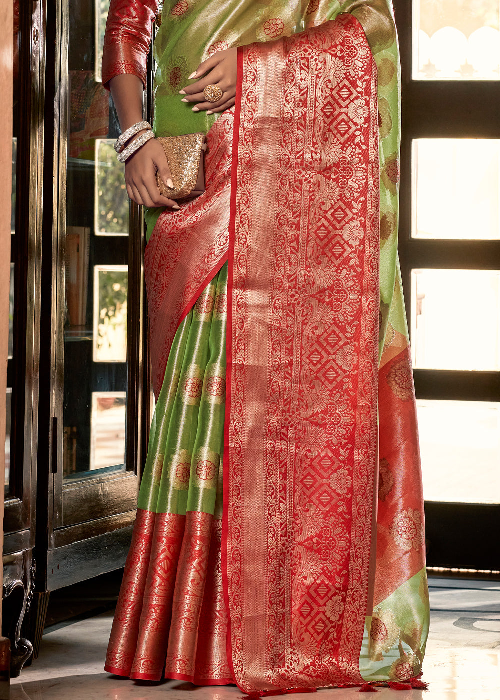 Light Green and Red Woven Banarasi Organza Silk Saree