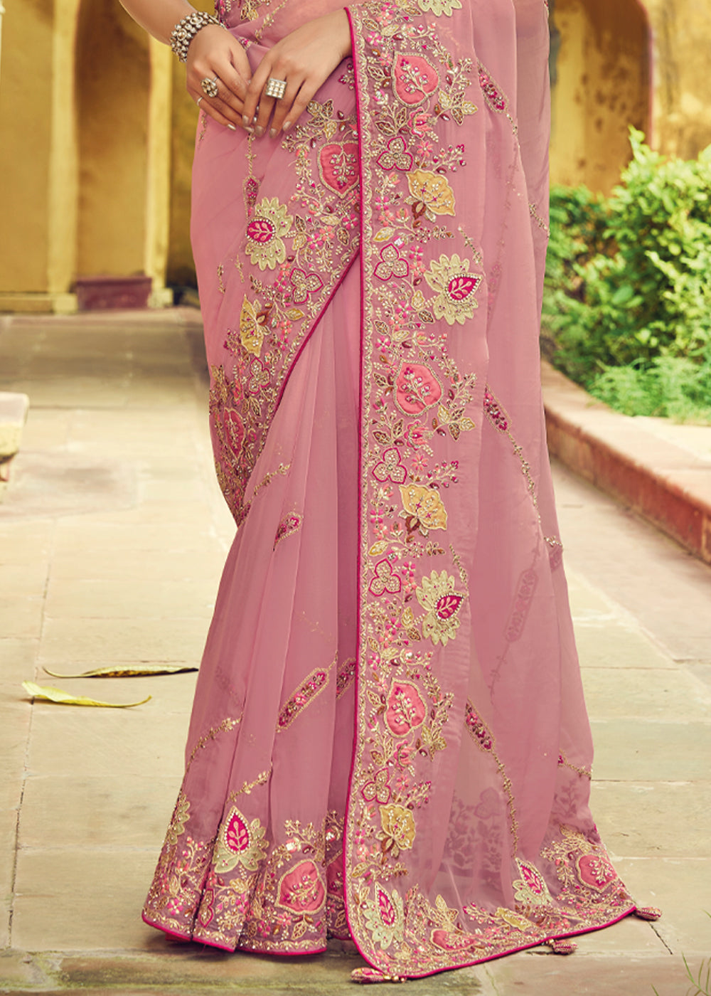 Tonys Pink Designer Embroidered Organza Silk Saree