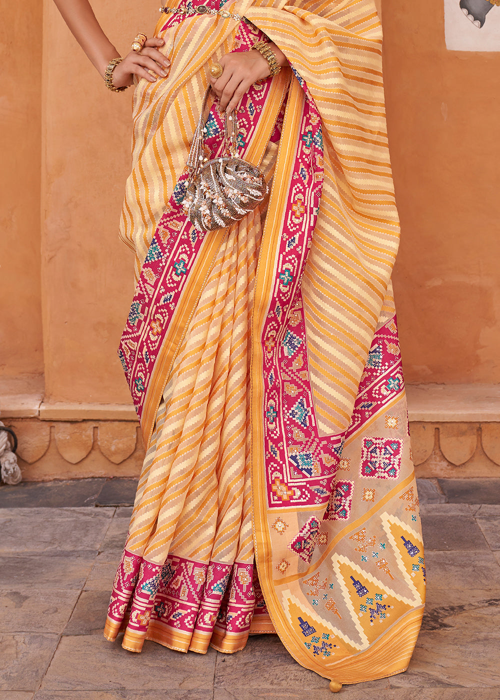 Meteor Yellow Patola Printed Tissue Silk Saree