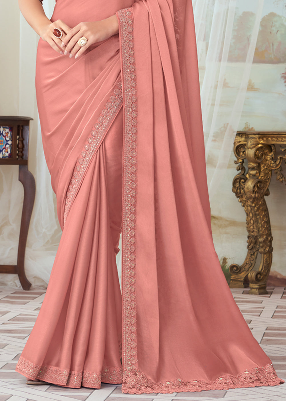 Plum Peach Woven Satin Silk Saree