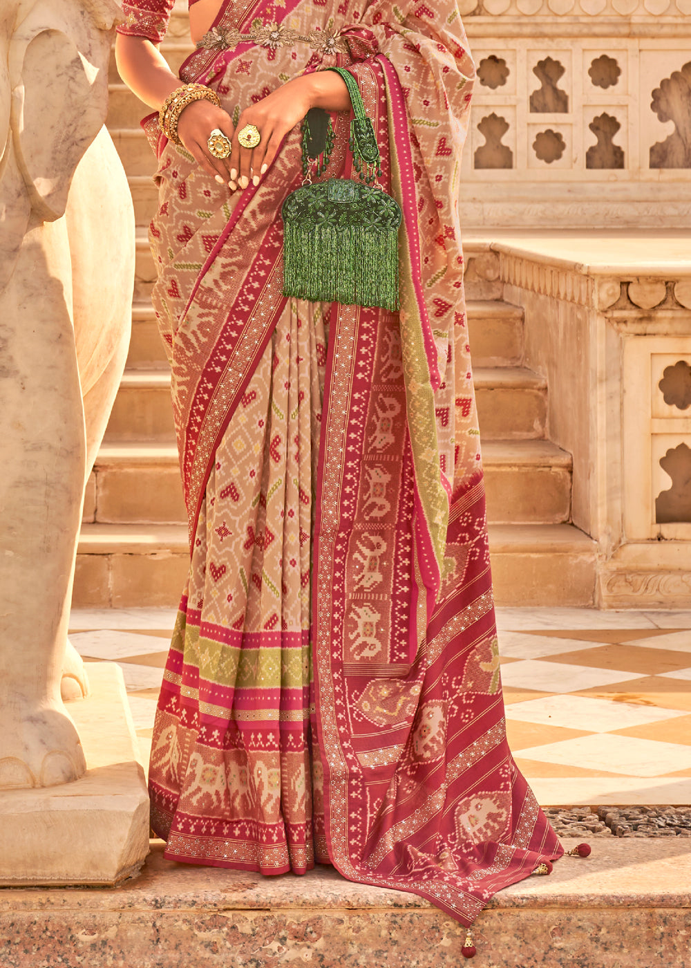 Fuzzy Maroon and Cream Woven Patola Silk Saree