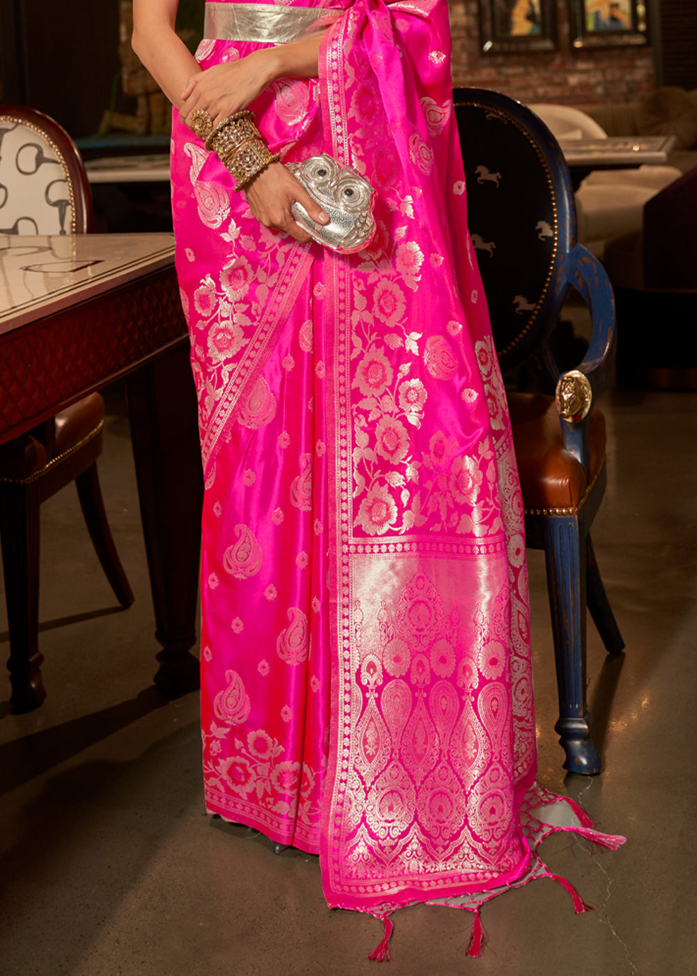 Winter Sky Pink Banarasi Woven Satin Silk Saree