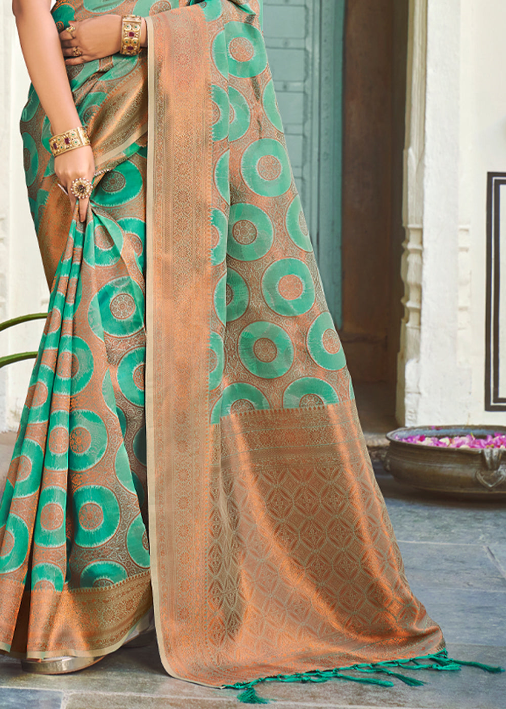 Mountain Meadow Green Woven Banarasi Organza Silk Saree