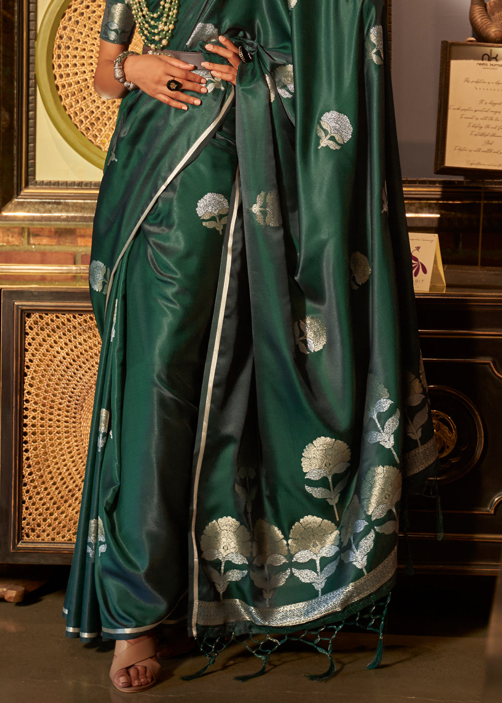 Mineral Dark Green Woven Banarasi Satin Silk Saree