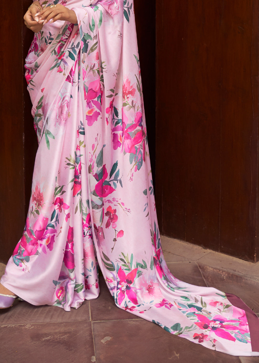 Royal Pink Floral Printed Satin Silk Saree