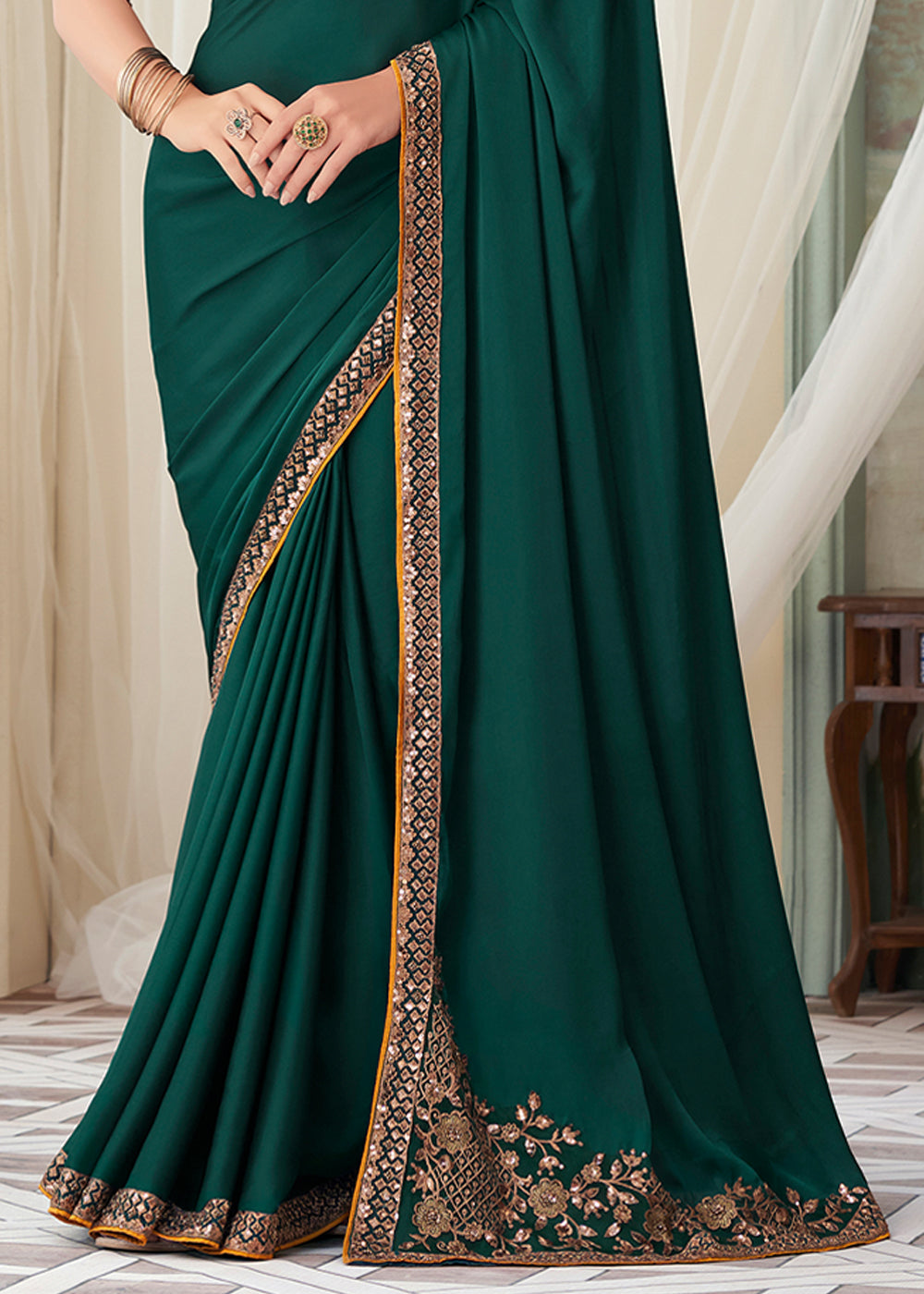 Plantation Green Designer Embroidered Satin Silk Saree