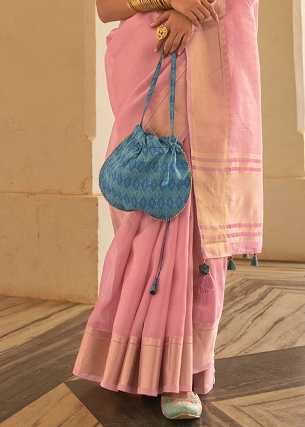 New York Pink and Blue Organza Silk Saree