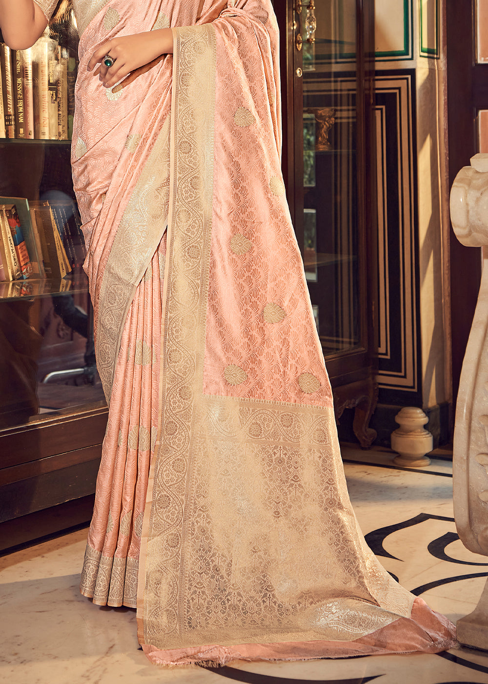 Manhattan Peach Banarasi Handloom Satin Silk Saree