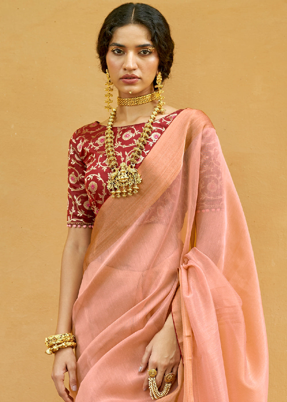 Tonys Pink Soft Tissue Organza Silk Saree