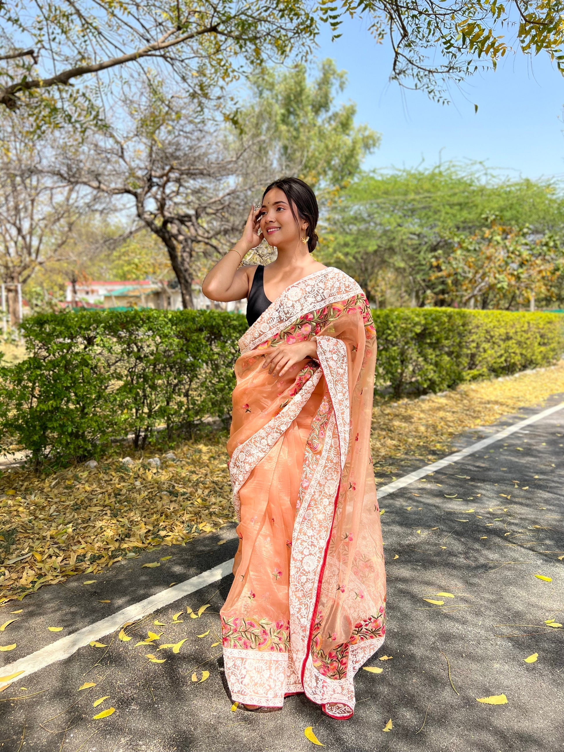 Peach Lucknowi Chikankari Organza Silk Saree