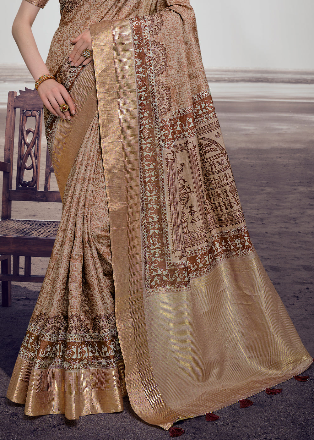 Leather Brown Printed Designer Silk Saree