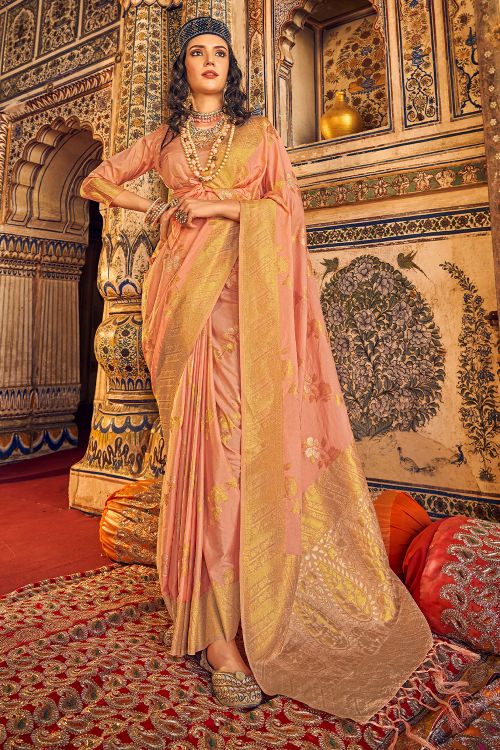 Melon Peach Woven Georgette Saree