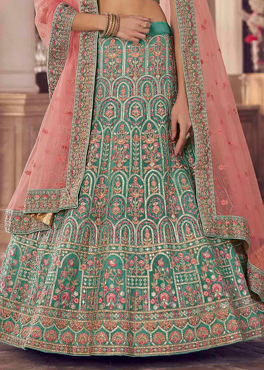 Green Pea Organza Lehenga Choli