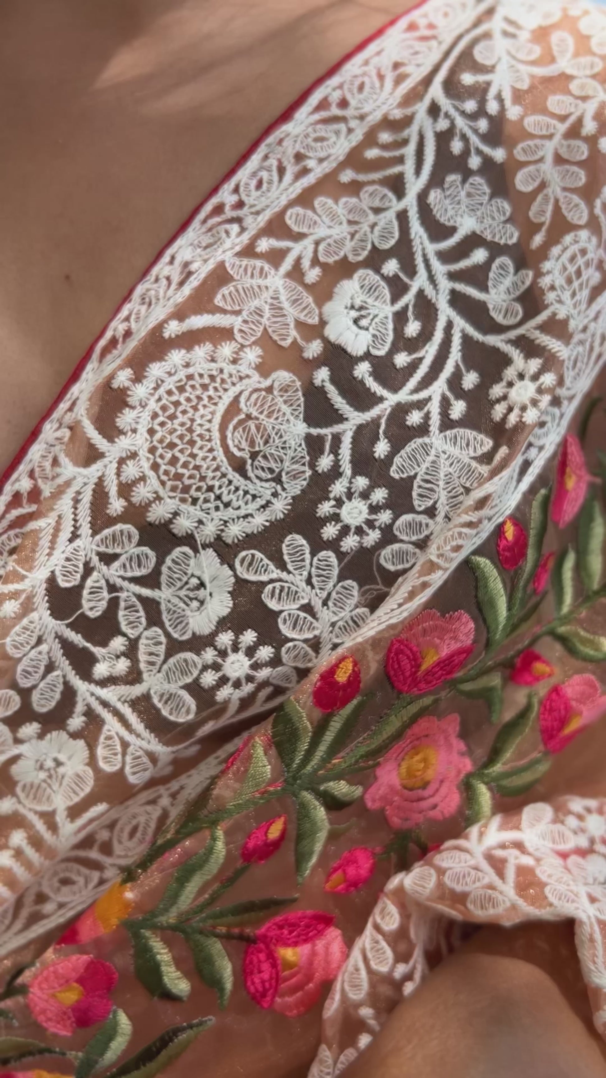 Peach Lucknowi Chikankari Organza Silk Saree