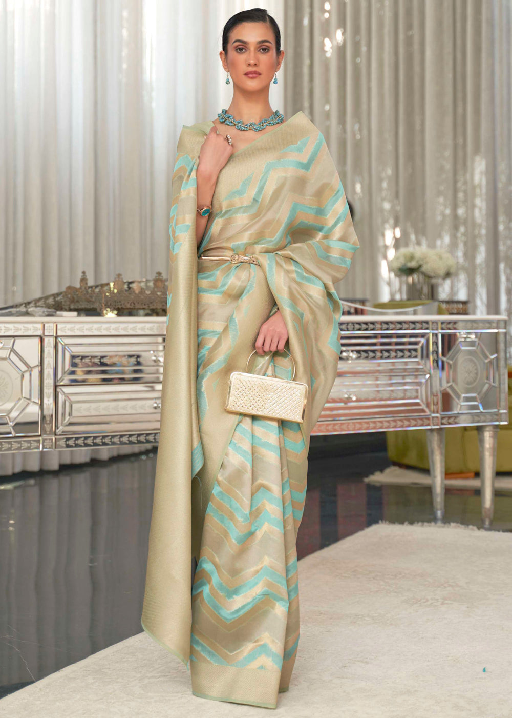 Sea Mist Blue Woven Organza Banarasi Silk Saree