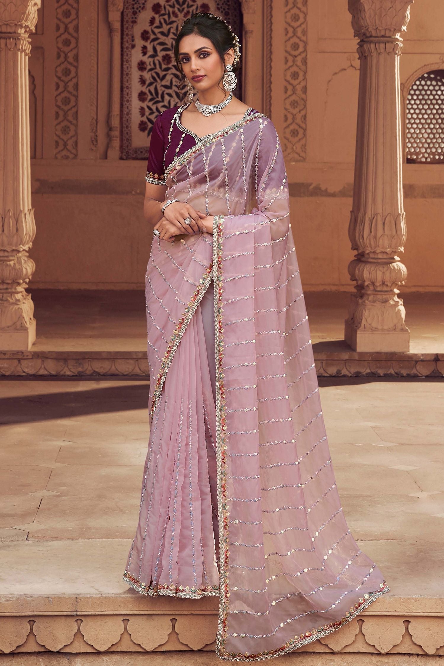 Oriental Lavender Organza Silk with Embroidered Designer Saree