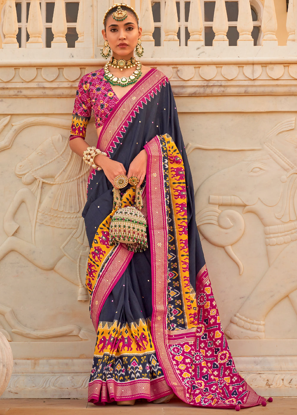 Charade Blue and Pink Woven Patola Silk Saree