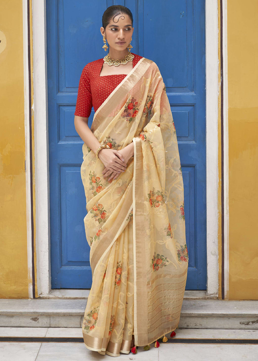 New Orleans Cream Digital Print Organza Silk Saree