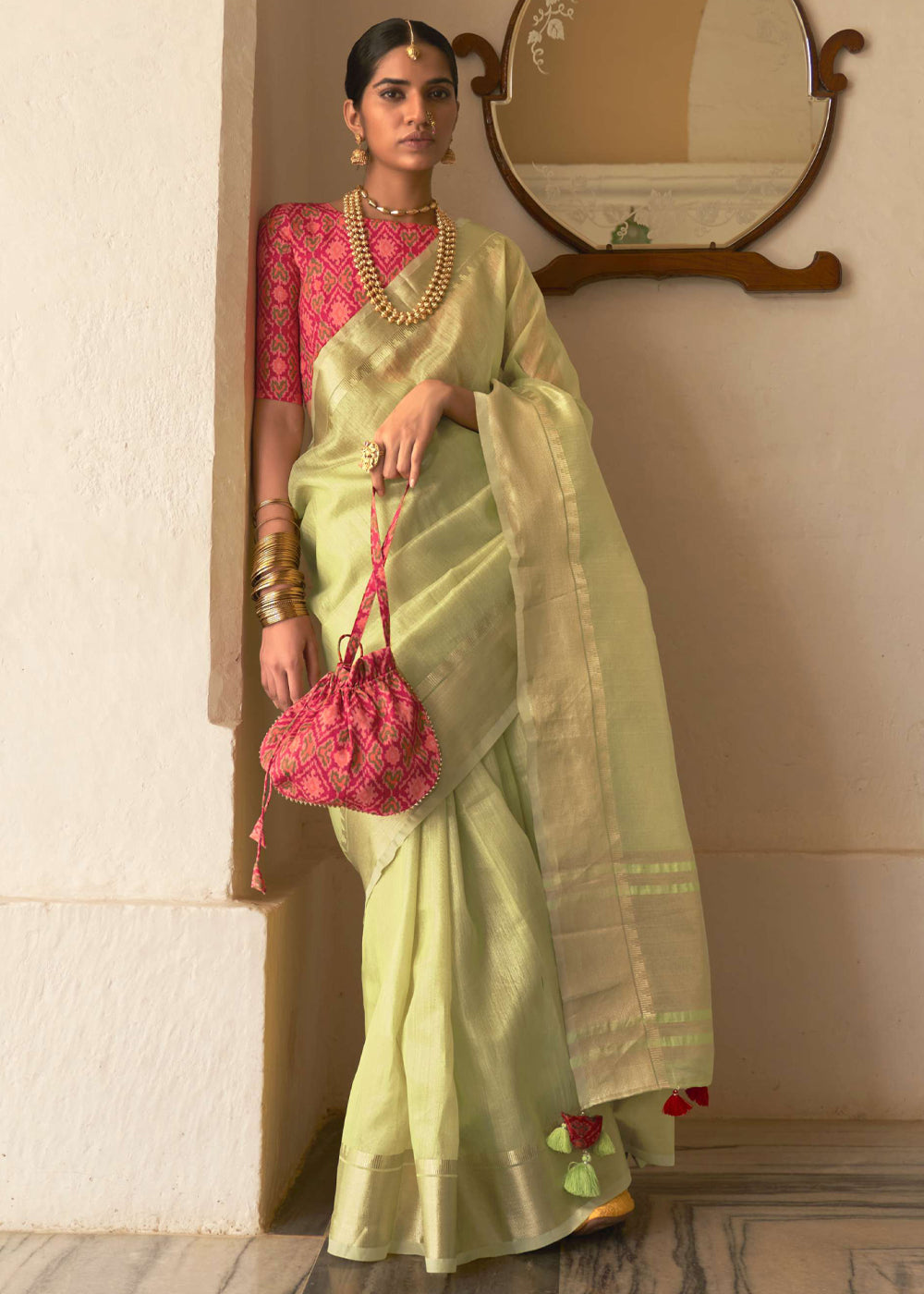 Straw Green and Pink Organza Silk Saree