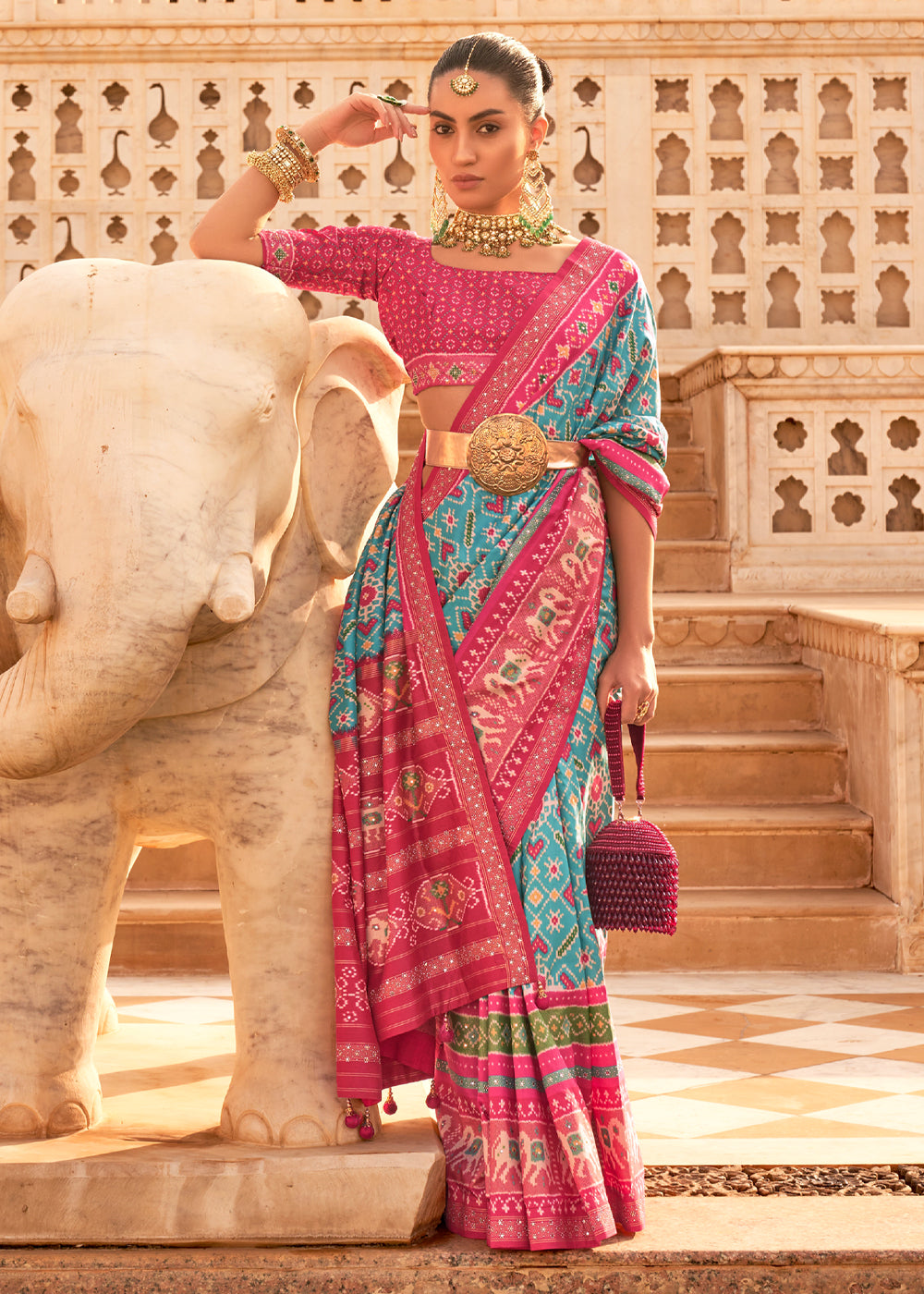 Breaker Bay Blue and Pink Woven Patola Silk Saree