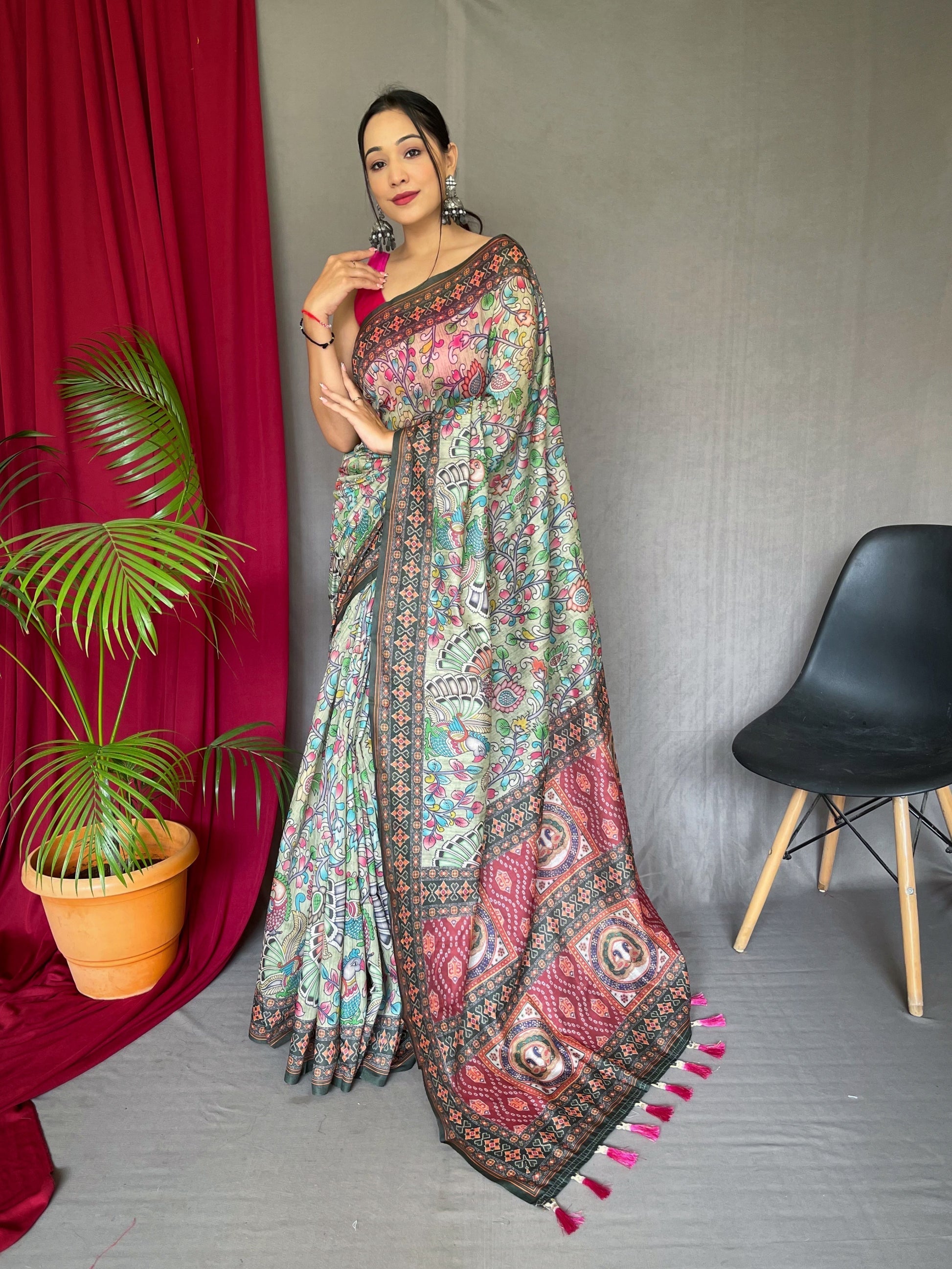 Amulet Light Green Bandhani Kalamkari Printed Saree