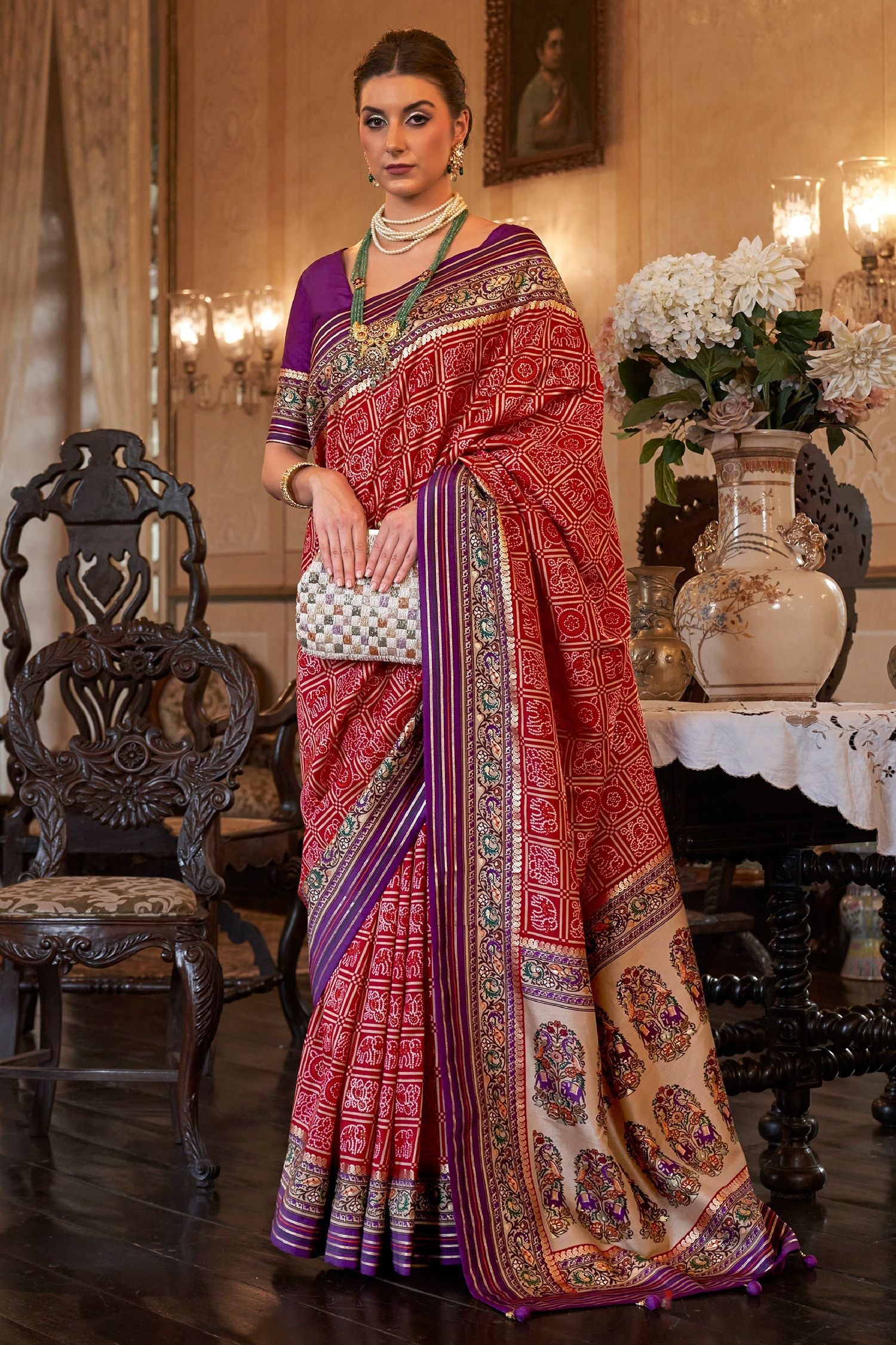 Mexican Red and Purple Printed Patola Silk Saree