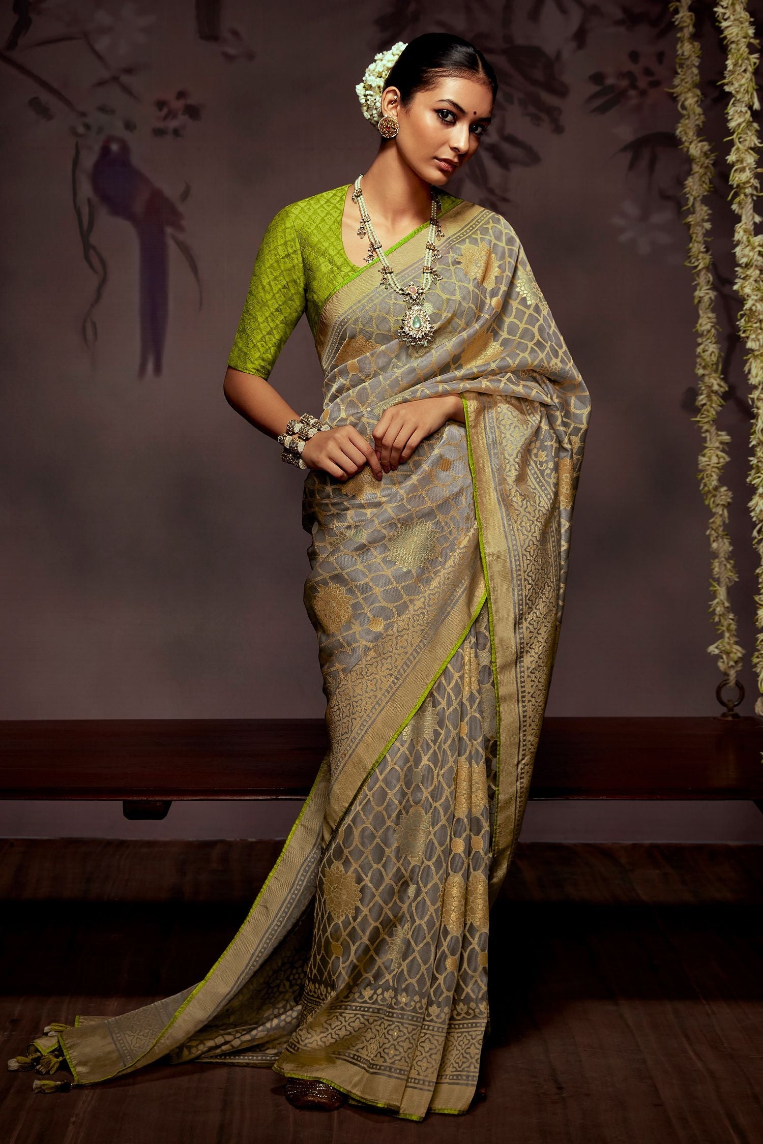 Arrowtown Grey Printed Brasso Saree