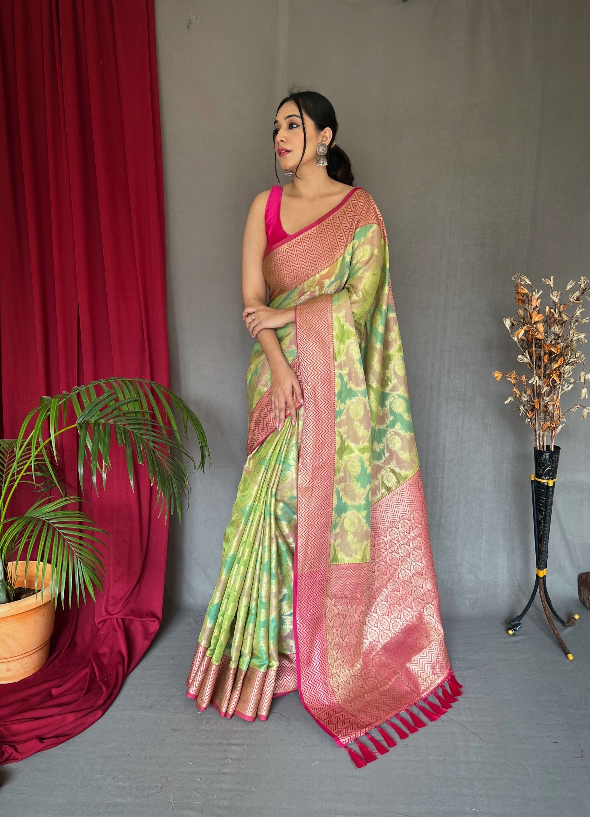 Primrose Green Woven Organza Silk Saree