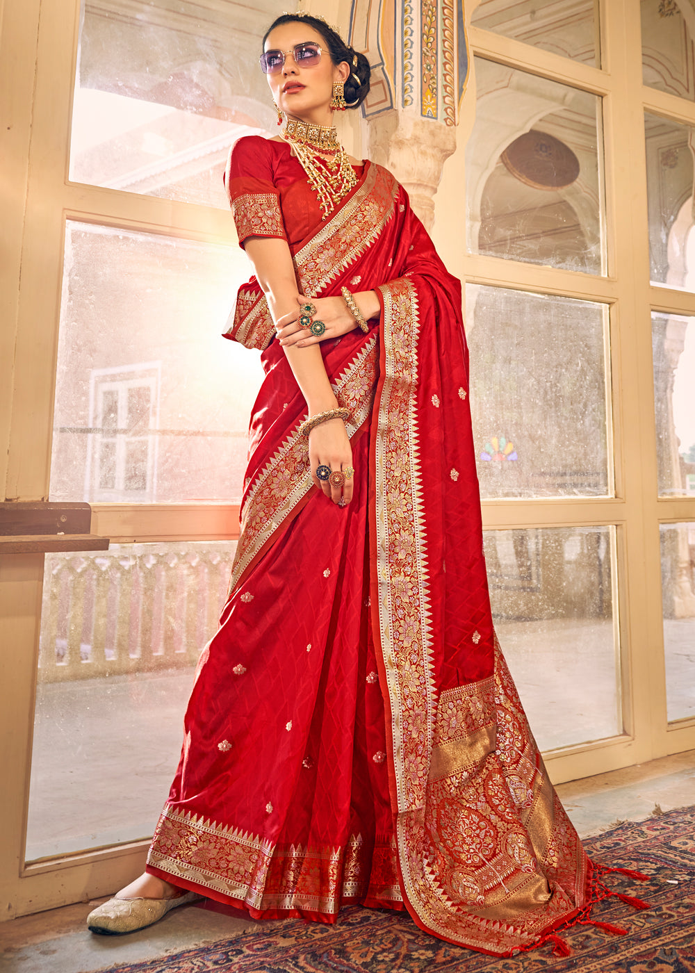 Rusty Red Woven Banarasi Satin Silk Saree