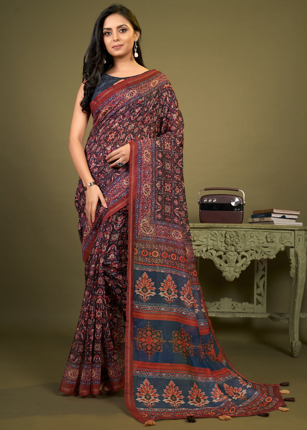 Outer Blue and brown Cotton Patola Printed Silk Saree