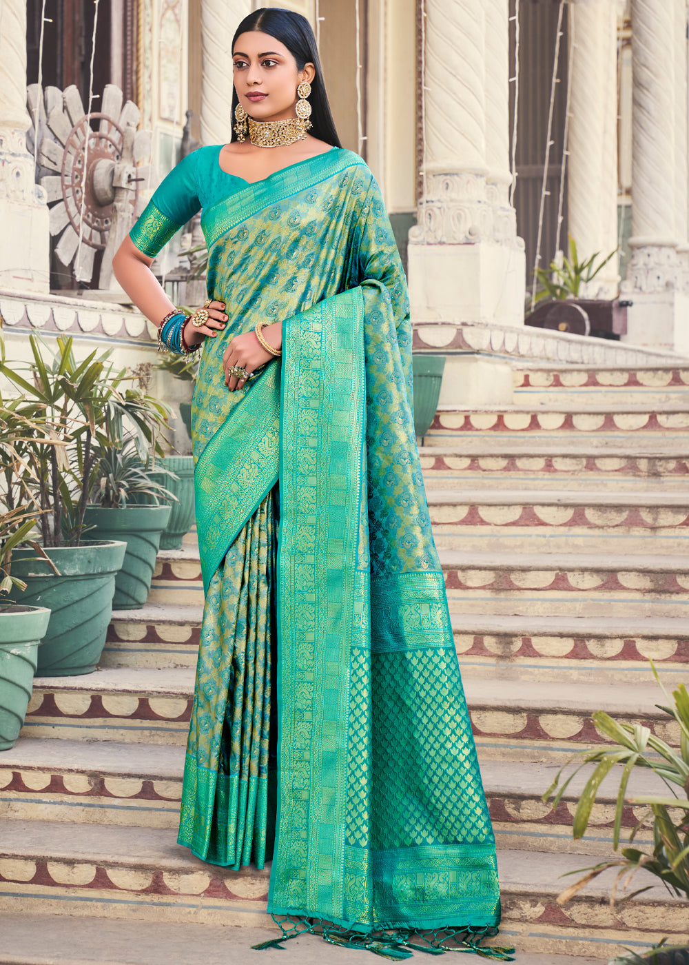 Ocean Green Pearl Woven Kanjivaram Silk Saree