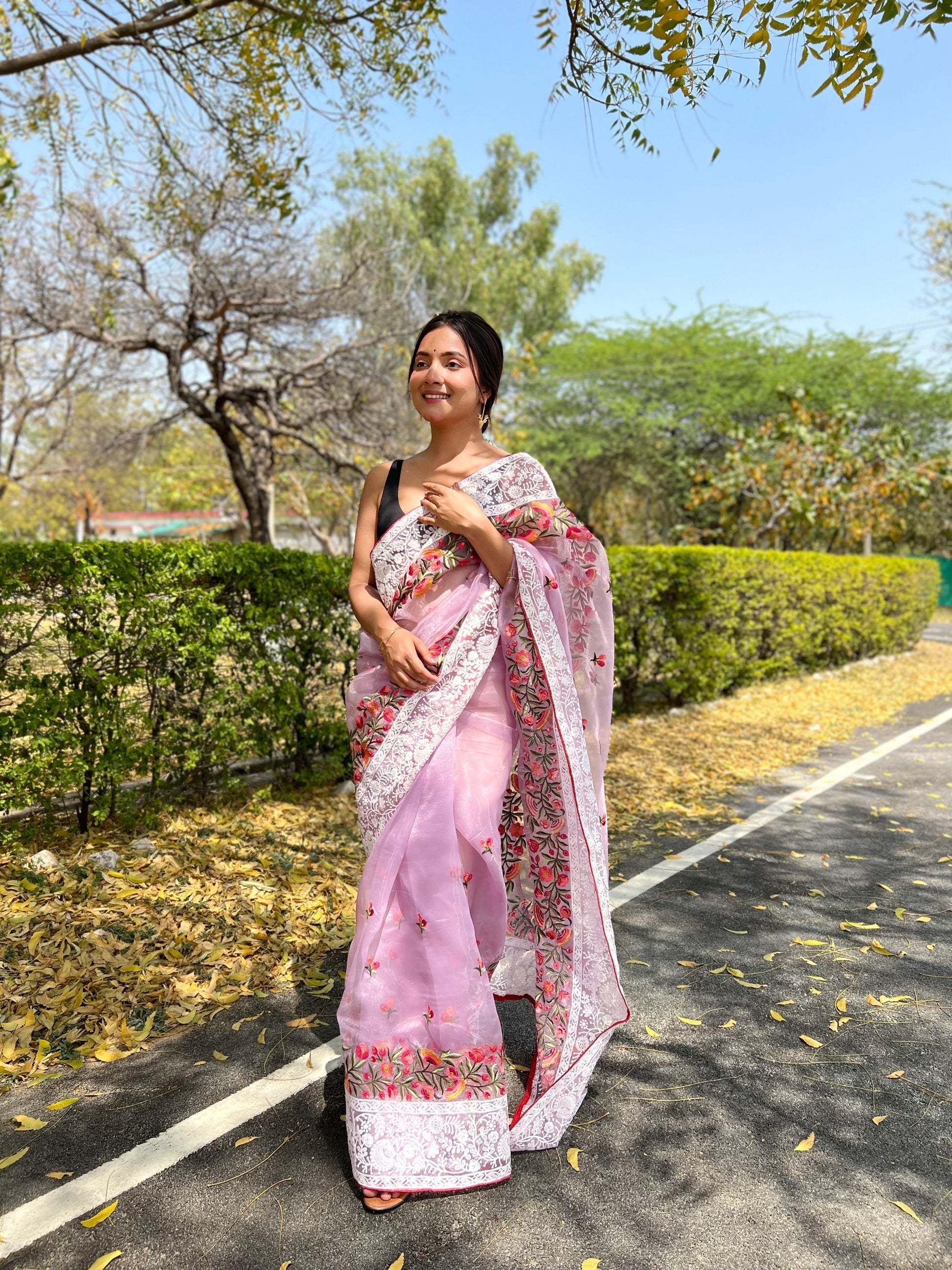 Flare Purple Lucknowi Chikankari Organza Silk Saree