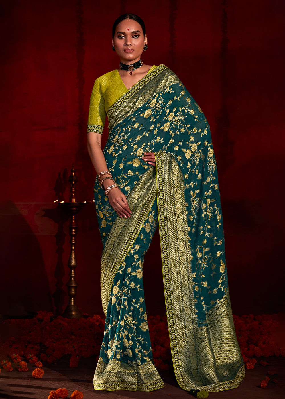 Gable Green Woven Banarasi Georgette Silk Saree