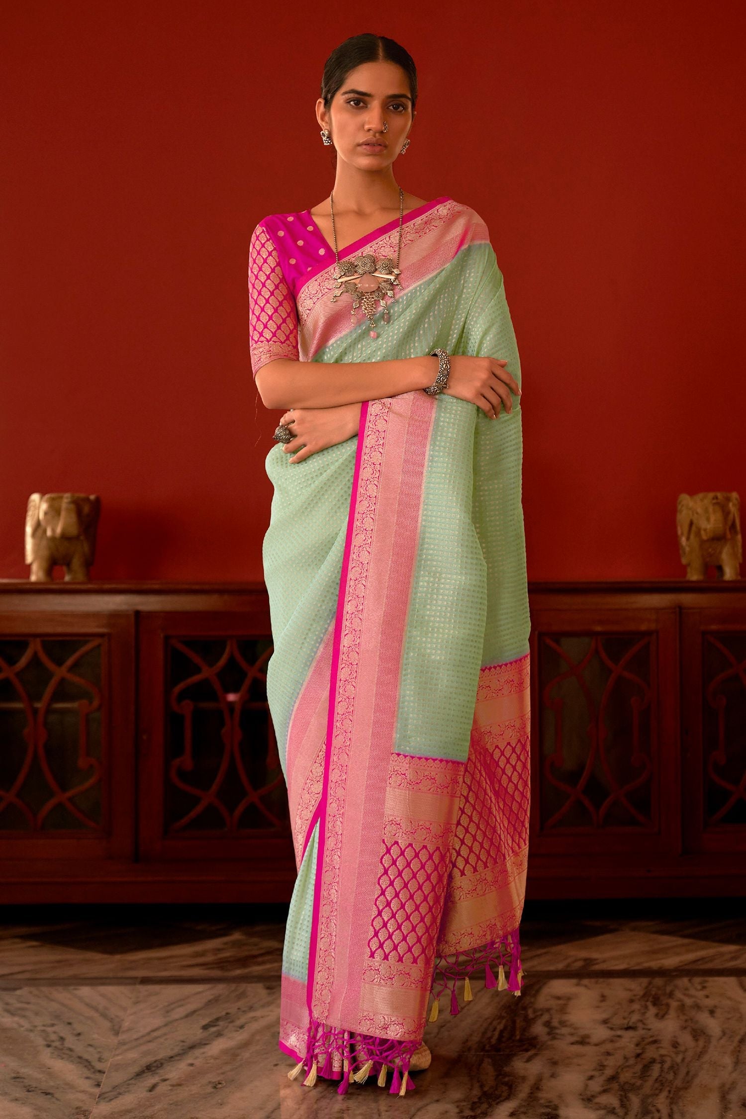 Locust Green and Pink Woven Banarasi Woven Silk Saree