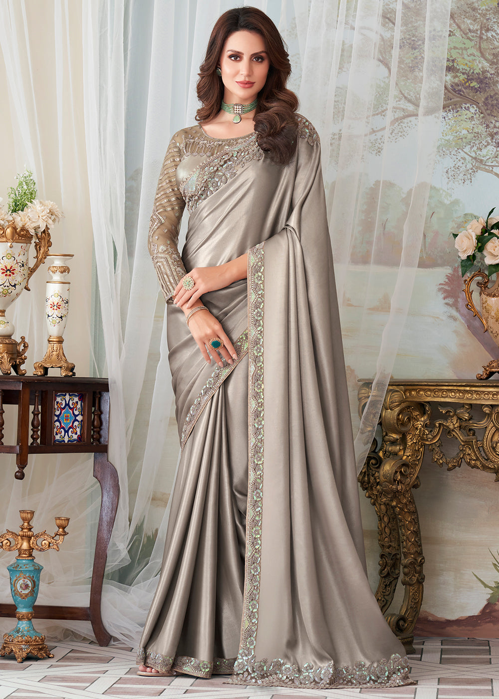 Silver Grey Designer Embroidered Satin Silk Saree