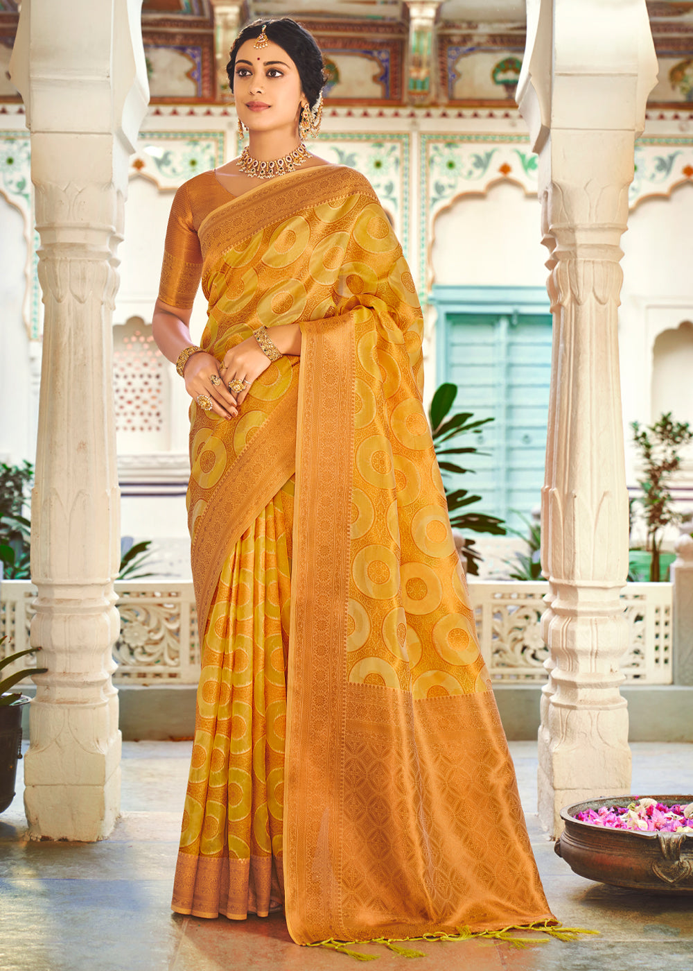 Fuel Yellow Woven Banarasi Organza Silk Saree