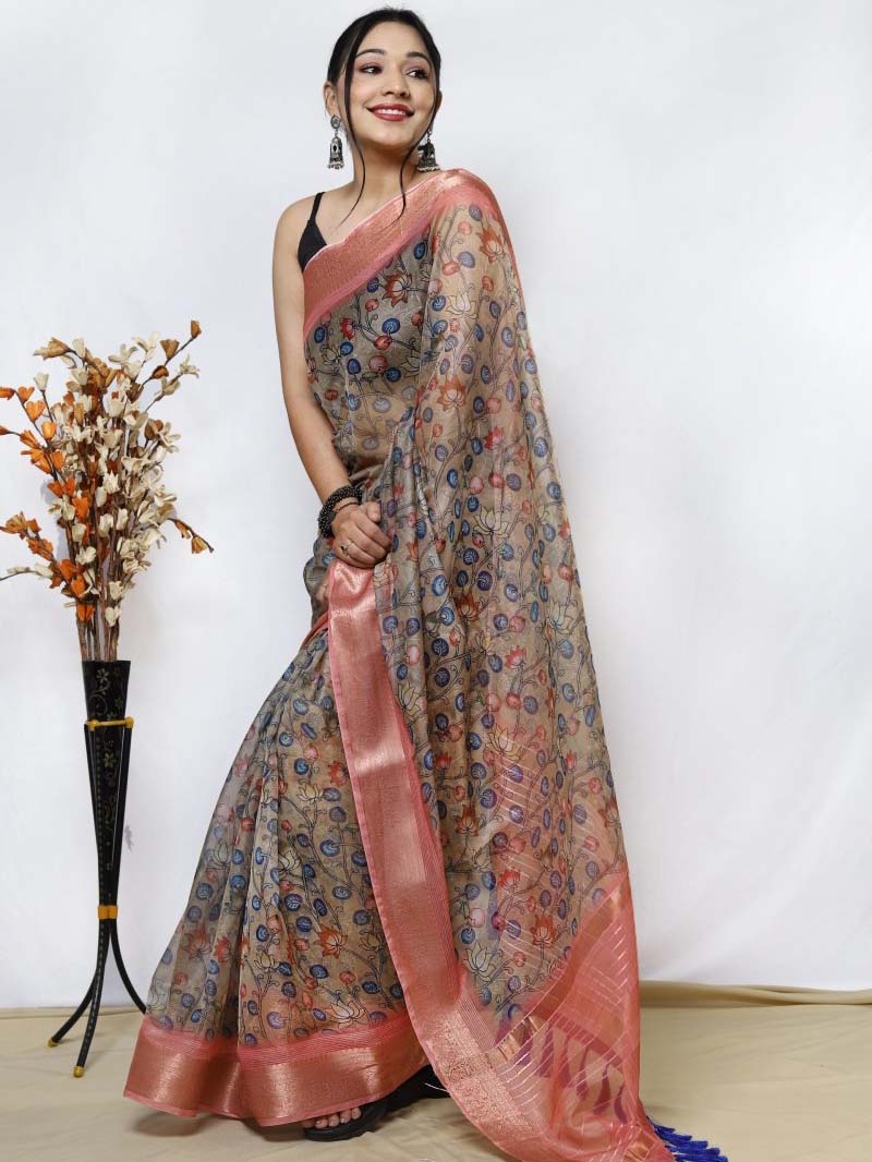 Shadow Brown Organza Kalamkari Printed with Sequins Jacquard Woven Saree