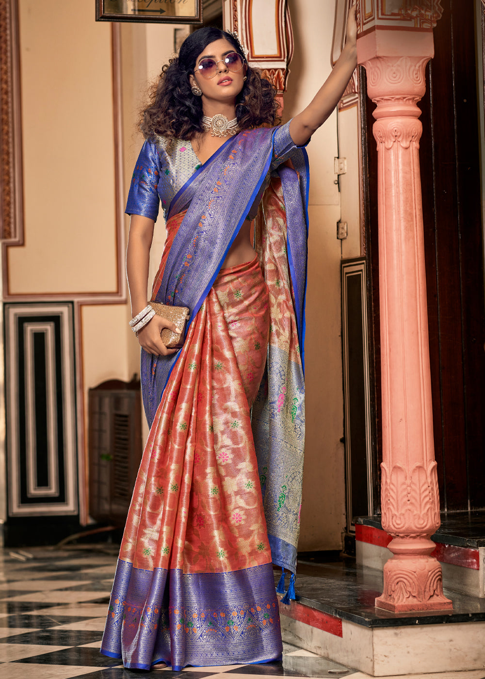 Japonica Pink and Blue Woven Banarasi Organza Silk Saree