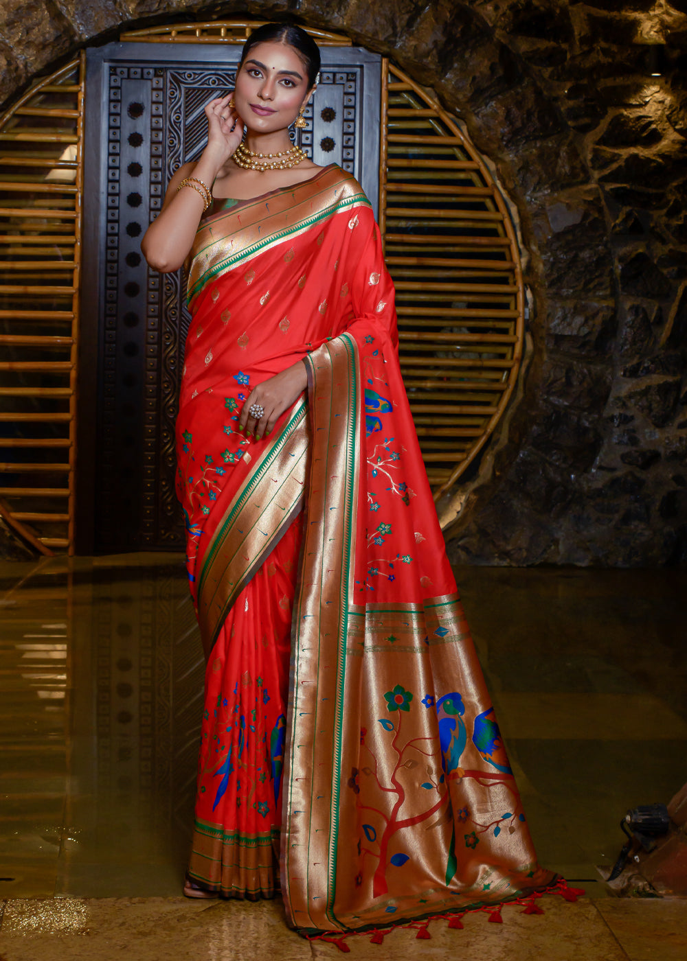 Salmon Pearl Red Woven Paithani Silk Saree