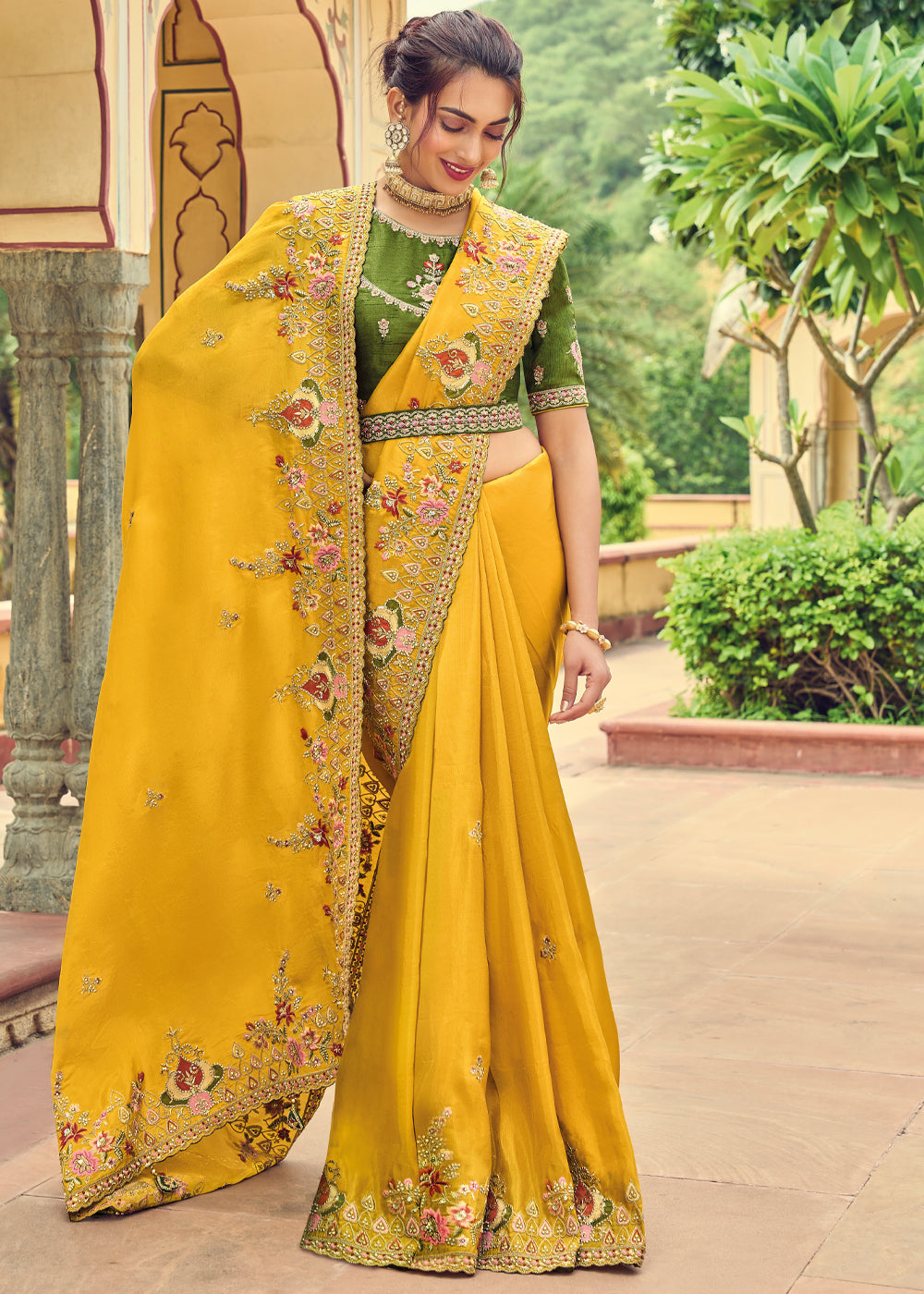 Bright Sun Yellow Designer Embroidered Satin Silk Saree