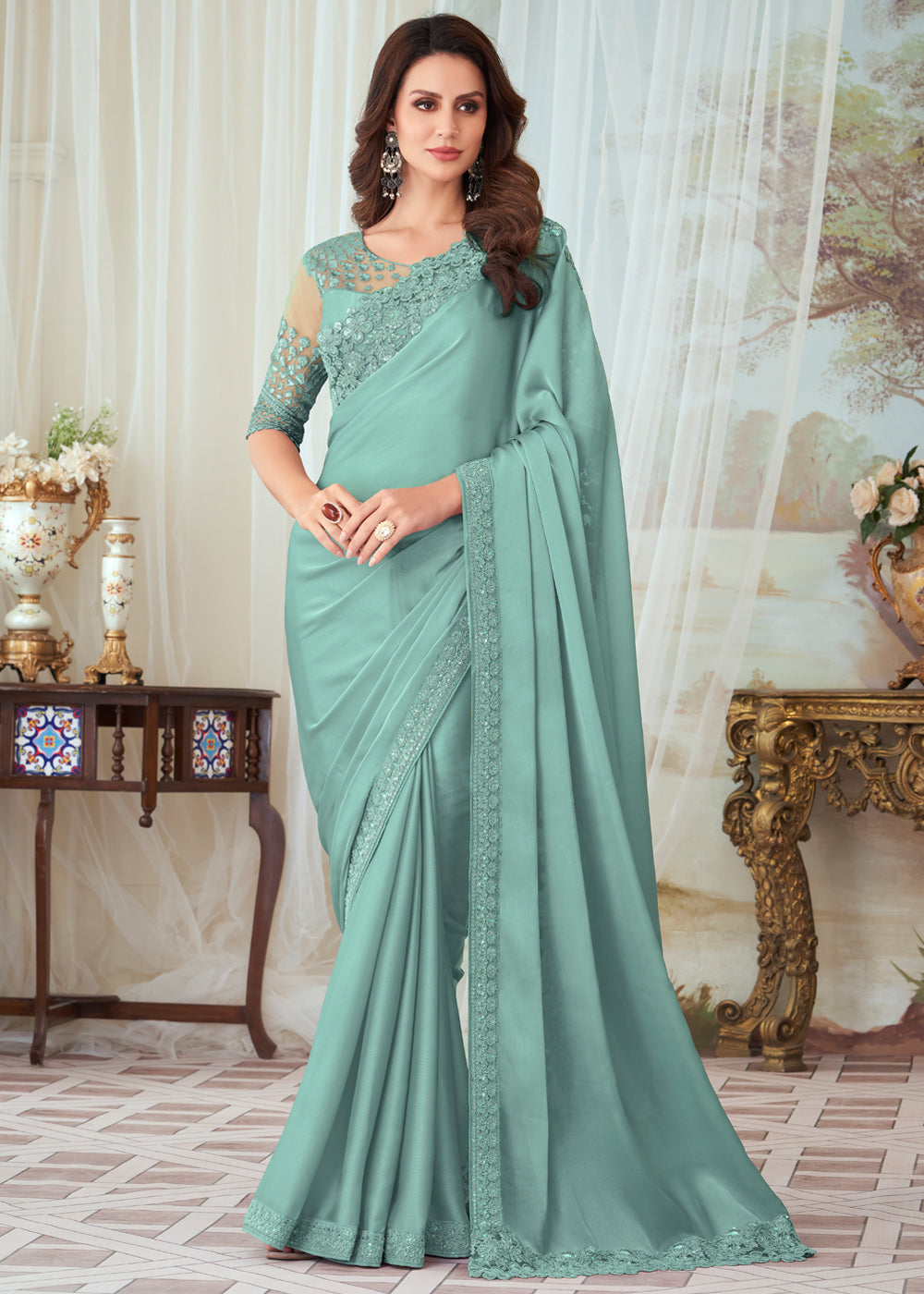 Gulf Stream Blue Woven Satin Silk Saree