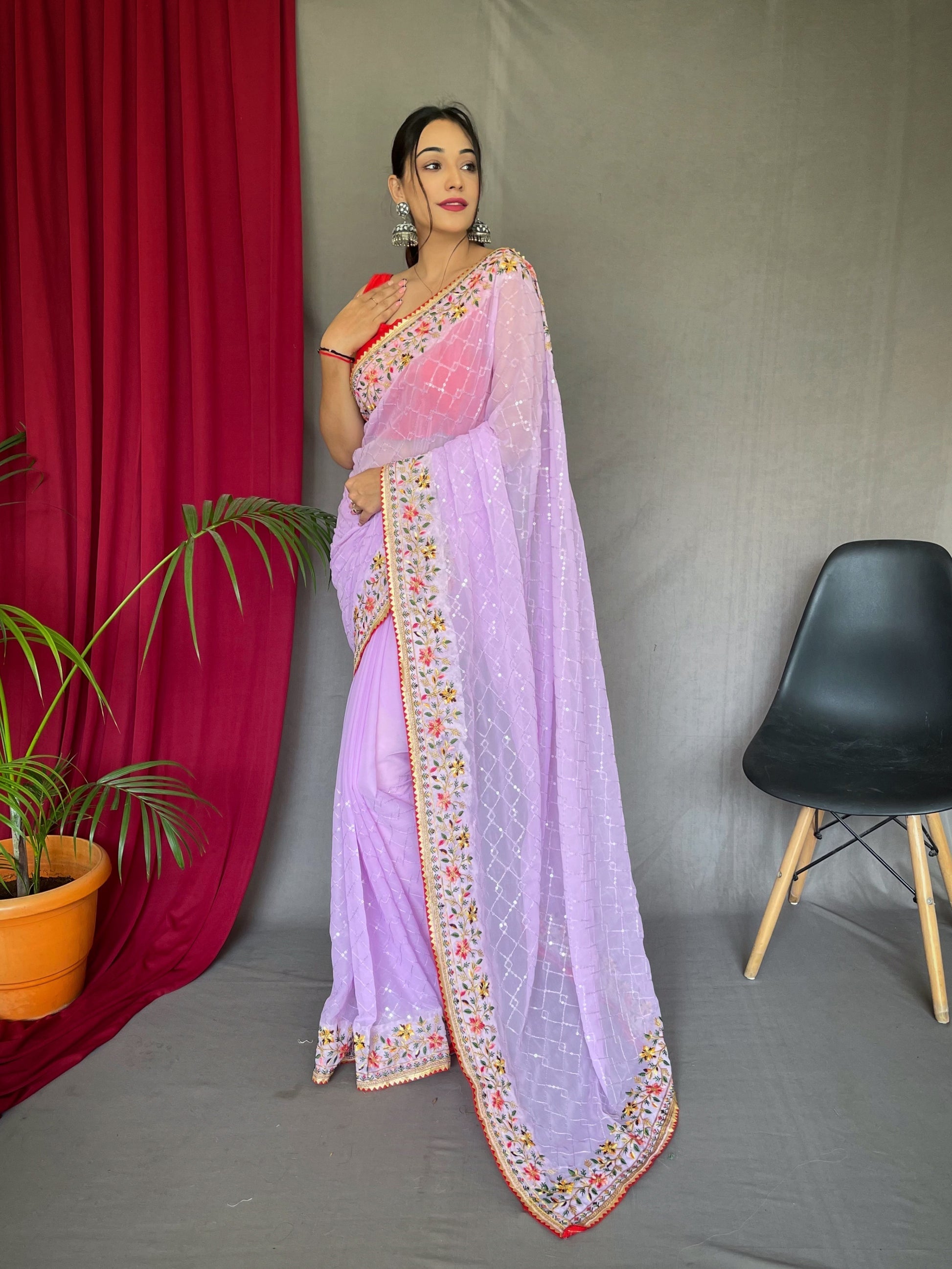 Logan Lavender Georgette Sequins Designer Saree with Embroidered Border